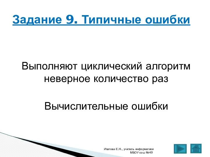 Выполняют циклический алгоритм неверное количество раз Вычислительные ошибки Ипатова Е.Н., учитель