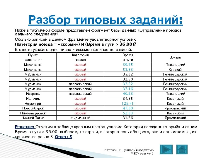 Ниже в табличной форме представлен фрагмент базы данных «Отправление поездов дальнего