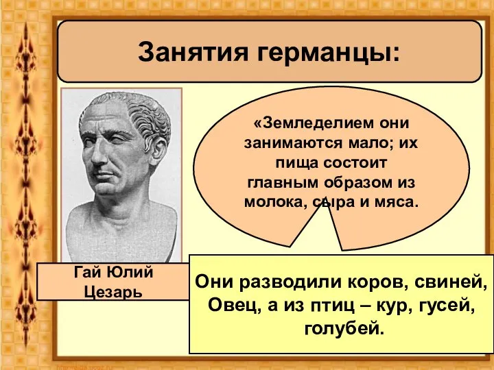 Занятия германцы: «Земледелием они занимаются мало; их пища состоит главным образом