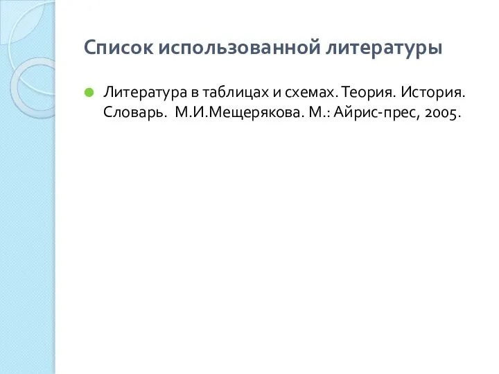 Список использованной литературы Литература в таблицах и схемах. Теория. История. Словарь. М.И.Мещерякова. М.: Айрис-прес, 2005.