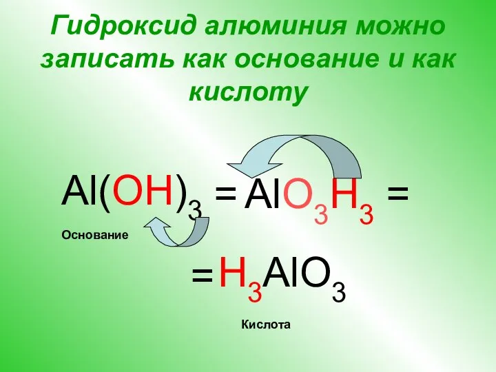 Гидроксид алюминия можно записать как основание и как кислоту Al(OH)3 =