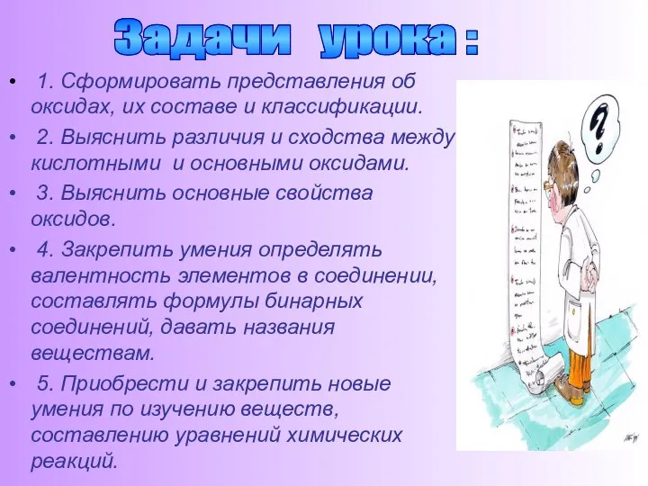 1. Сформировать представления об оксидах, их составе и классификации. 2. Выяснить