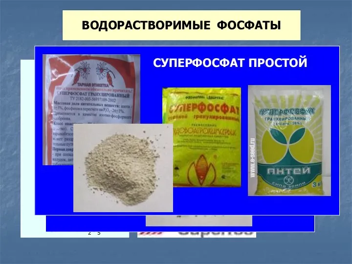 СУПЕРФОСФАТ ПРОСТОЙ Са(H2РO4)2 Р2О5 – 16-20% (5-5,5% Н3РО4,40% гипса) СУПЕРФОСФАТ ДВОЙНОЙ