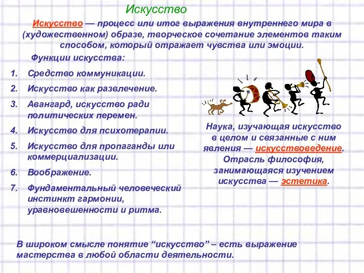 Искусство Искусство — процесс или итог выражения внутреннего мира в (художественном)