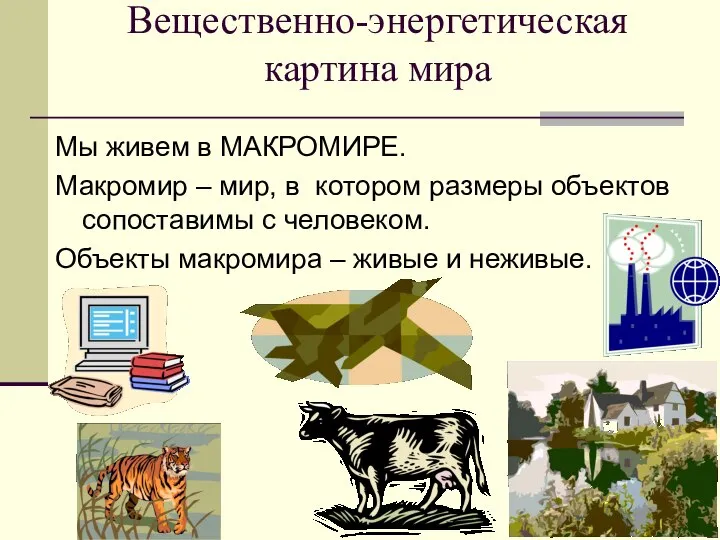 Вещественно-энергетическая картина мира Мы живем в МАКРОМИРЕ. Макромир – мир, в