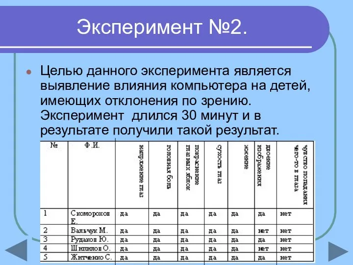 Эксперимент №2. Целью данного эксперимента является выявление влияния компьютера на детей,