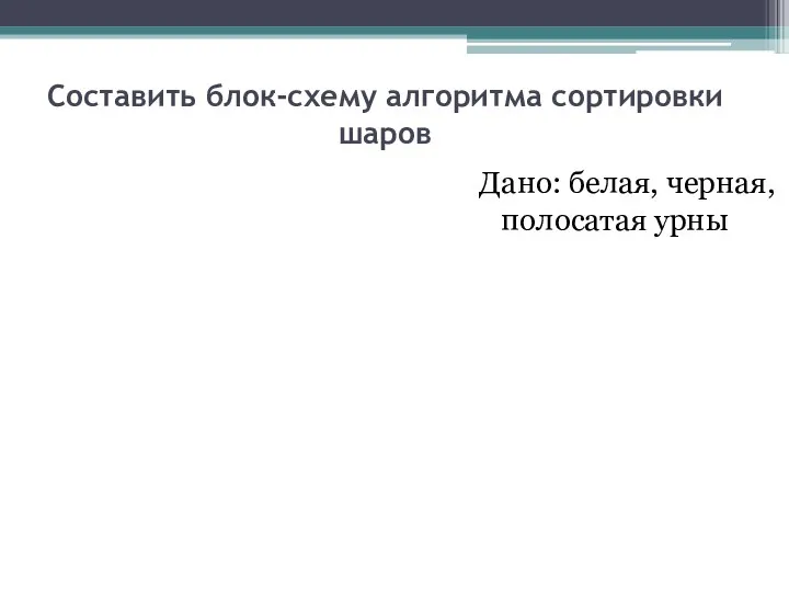 Составить блок-схему алгоритма сортировки шаров Дано: белая, черная, полосатая урны