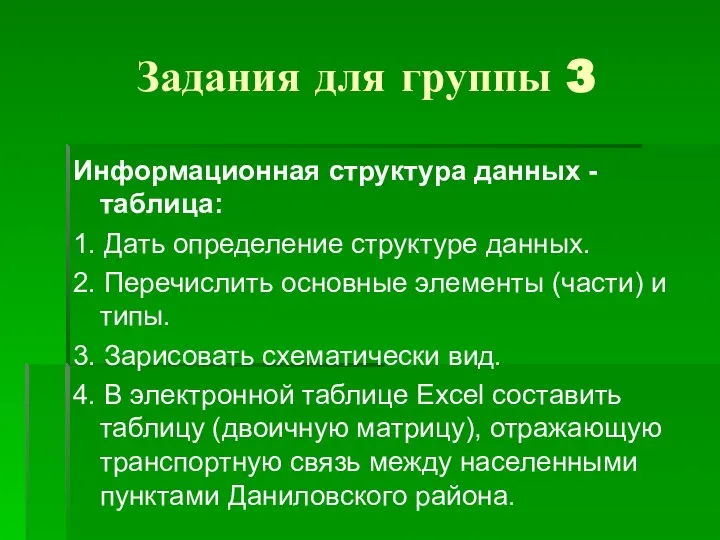 Задания для группы 3 Информационная структура данных - таблица: 1. Дать