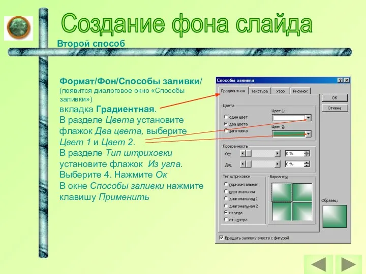 Создание фона слайда Второй способ Формат/Фон/Способы заливки/ (появится диалоговое окно «Способы