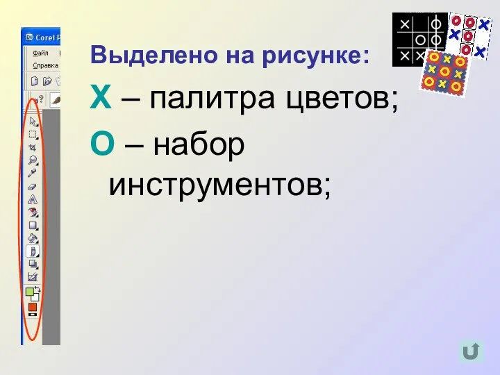 Выделено на рисунке: Х – палитра цветов; О – набор инструментов;