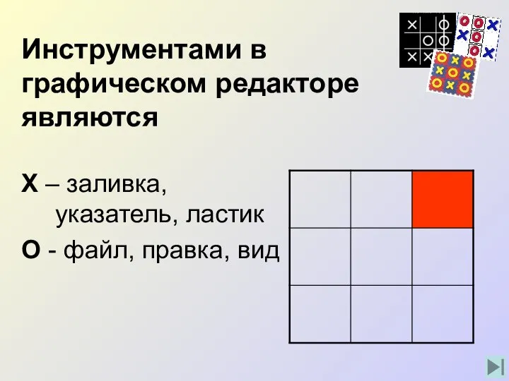 Инструментами в графическом редакторе являются Х – заливка, указатель, ластик О - файл, правка, вид