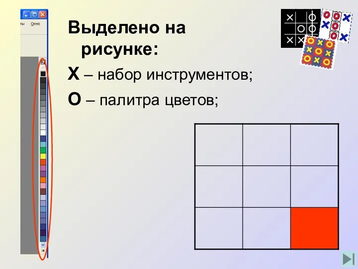 Выделено на рисунке: Х – набор инструментов; О – палитра цветов;