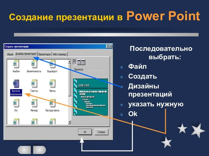Создание презентации в Power Point Последовательно выбрать: Файл Создать Дизайны презентаций указать нужную Ok