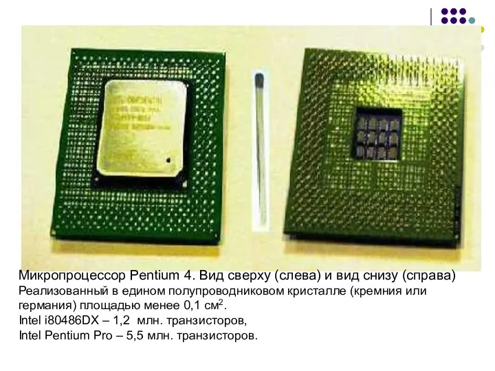 Микропроцессор Pentium 4. Вид сверху (слева) и вид снизу (справа) Реализованный