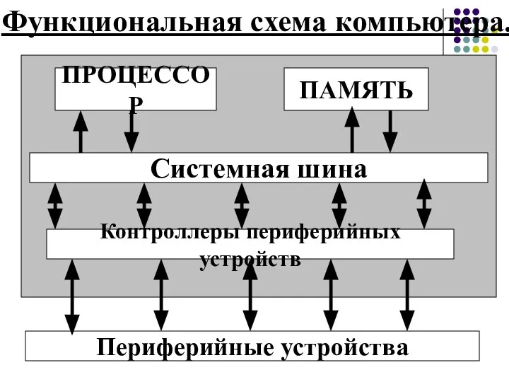 Функциональная схема компьютера. ПРОЦЕССОР ПАМЯТЬ Системная шина Контроллеры периферийных устройств Периферийные устройства