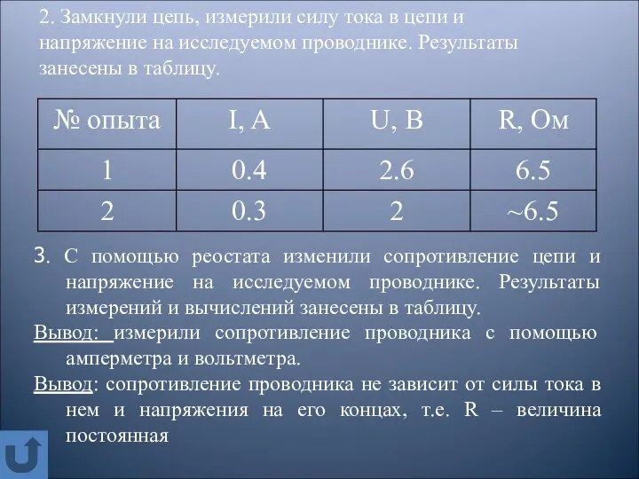 2. Замкнули цепь, измерили силу тока в цепи и напряжение на