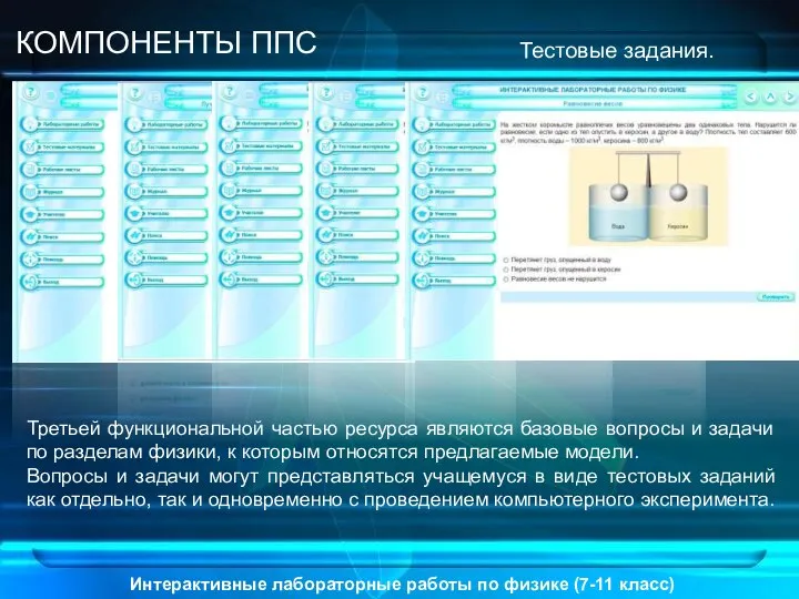 Интерактивные лабораторные работы по физике (7-11 класс) КОМПОНЕНТЫ ППС Тестовые задания.