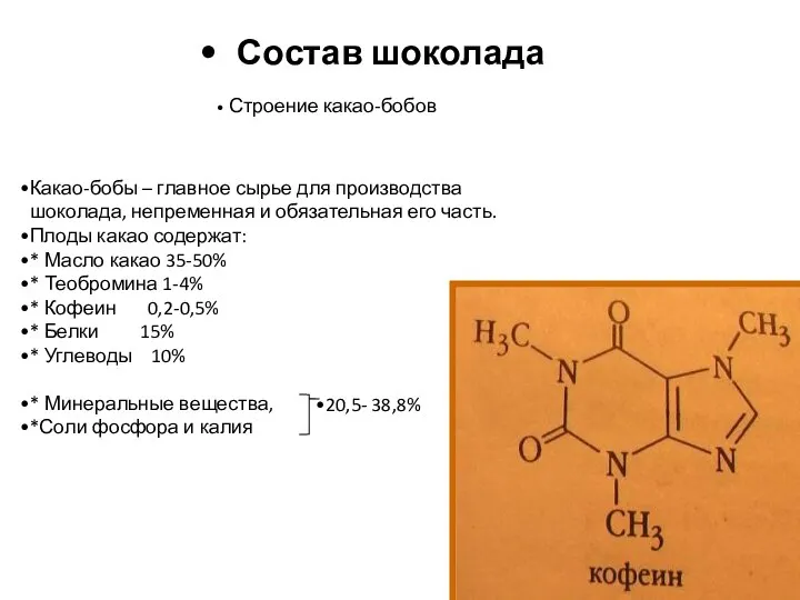 Состав шоколада 20,5- 38,8% Строение какао-бобов Какао-бобы – главное сырье для