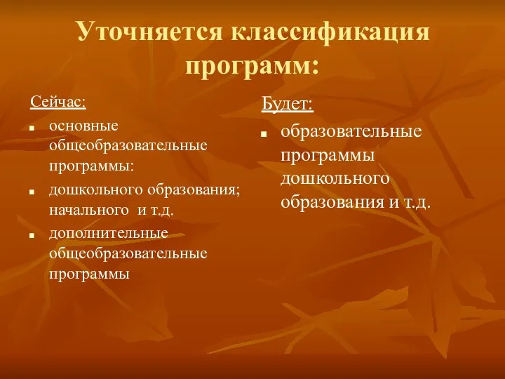 Уточняется классификация программ: Сейчас: основные общеобразовательные программы: дошкольного образования; начального и