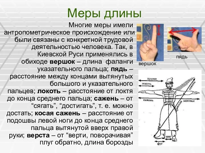 Меры длины Многие меры имели антропометрическое происхождение или были связаны с