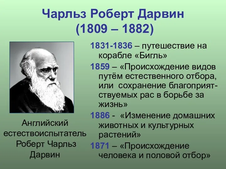 Чарльз Роберт Дарвин (1809 – 1882) 1831-1836 – путешествие на корабле