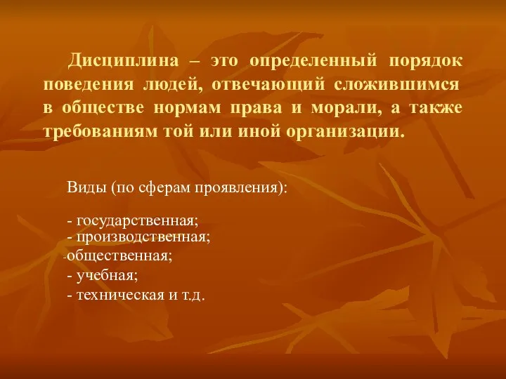 Дисциплина – это определенный порядок поведения людей, отвечающий сложившимся в обществе