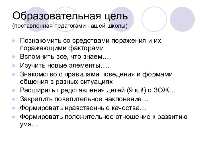 Образовательная цель (поставленная педагогами нашей школы) Познакомить со средствами поражения и