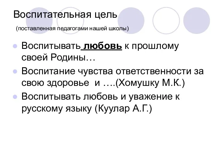 Воспитательная цель (поставленная педагогами нашей школы) Воспитывать любовь к прошлому своей