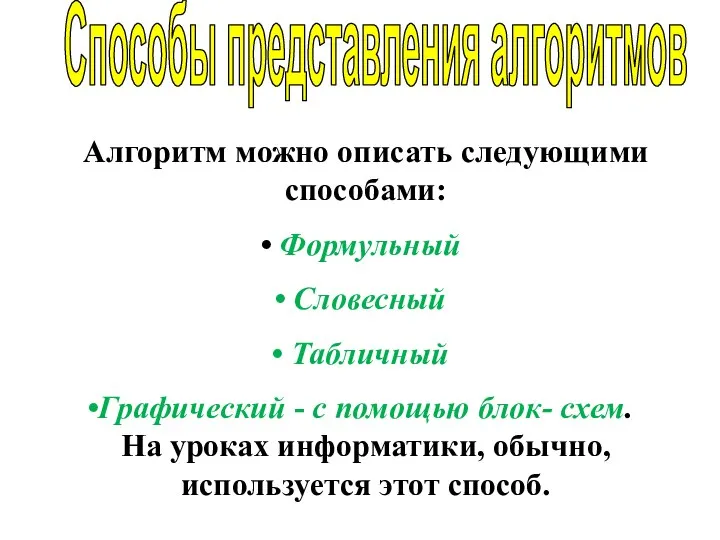 Алгоритм можно описать следующими способами: Формульный Словесный Табличный Графический - с