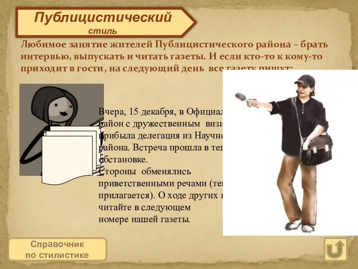 Публицистический стиль Любимое занятие жителей Публицистического района – брать интервью, выпускать