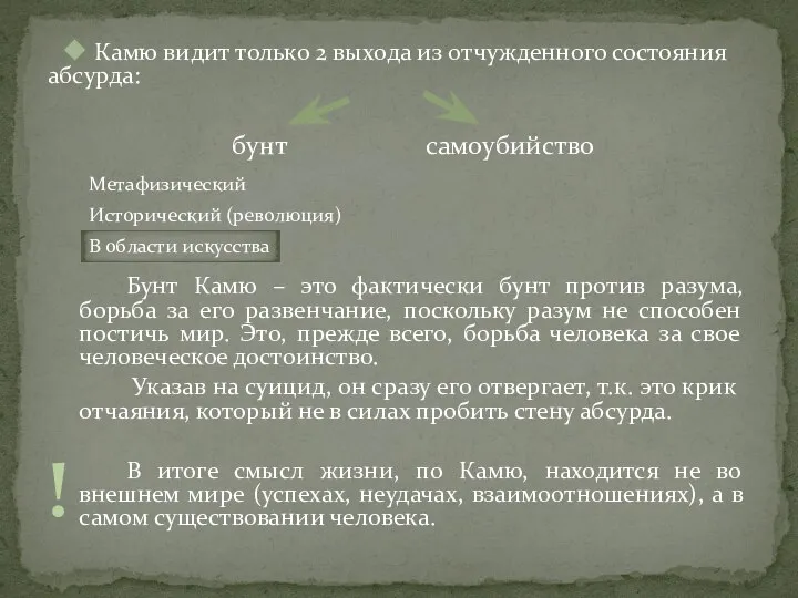 Камю видит только 2 выхода из отчужденного состояния абсурда: Бунт Камю