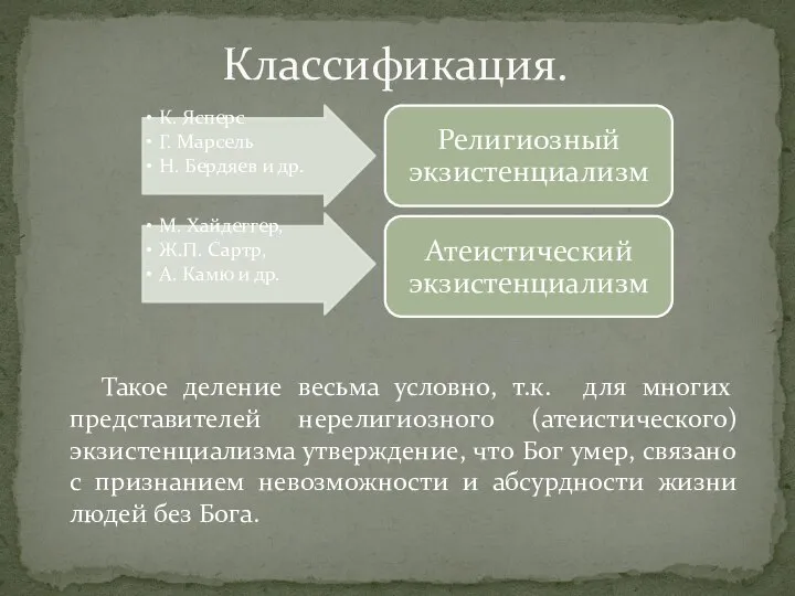 Классификация. Такое деление весьма условно, т.к. для многих представителей нерелигиoзного (атеистического)