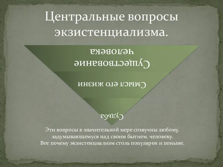 Центральные вопросы экзистенциализма. Эти вопросы в значительной мере созвучны любому, задумывающемуся