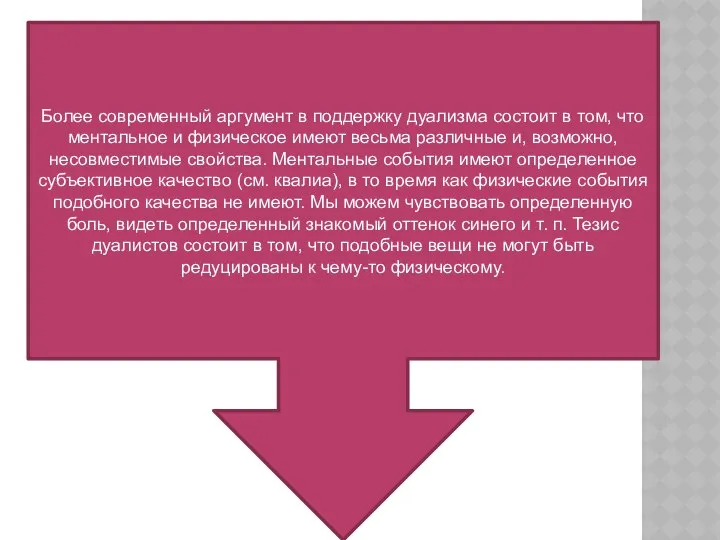 Более современный аргумент в поддержку дуализма состоит в том, что ментальное