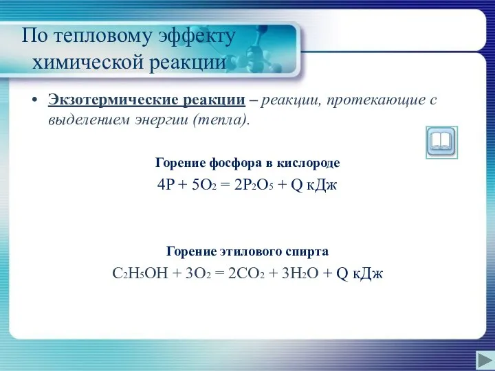 По тепловому эффекту химической реакции Экзотермические реакции – реакции, протекающие с