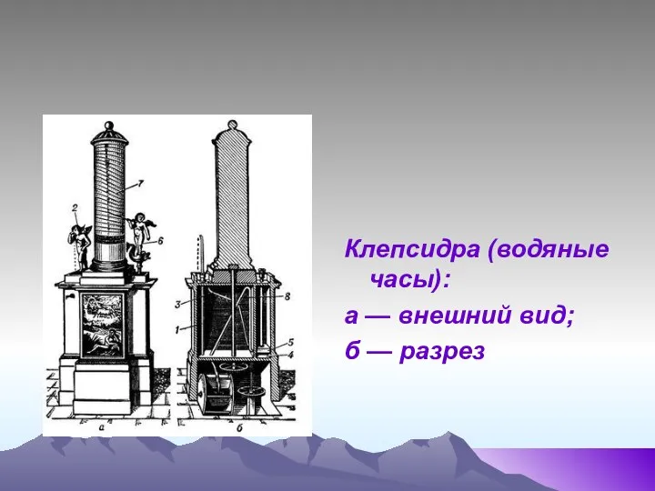 Клепсидра (водяные часы): а — внешний вид; б — разрез