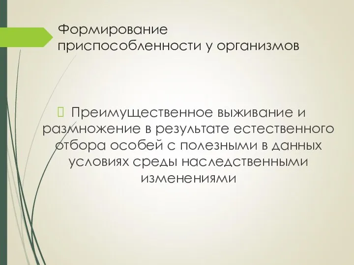 Формирование приспособленности у организмов Преимущественное выживание и размножение в результате естественного