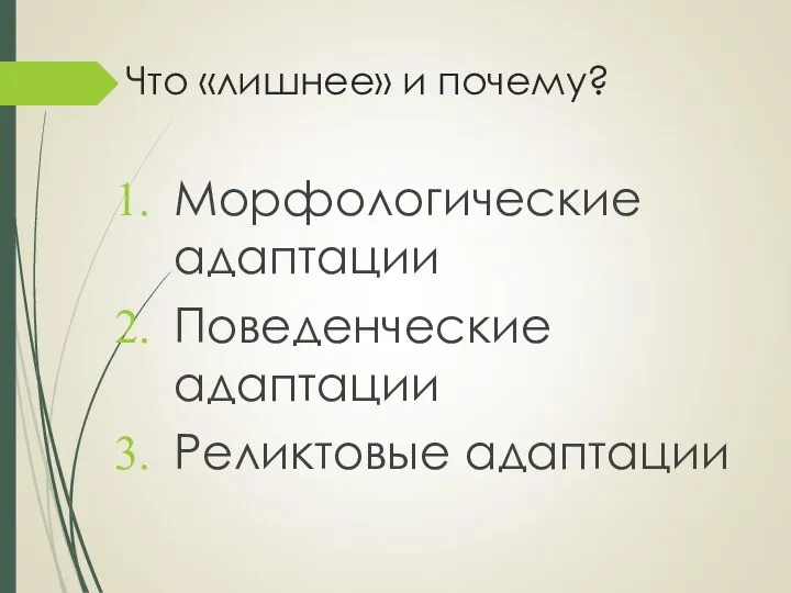 Что «лишнее» и почему? Морфологические адаптации Поведенческие адаптации Реликтовые адаптации