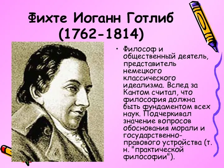 Фихте Иоганн Готлиб (1762-1814) Философ и общественный деятель, представитель немецкого классического