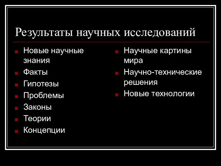 Результаты научных исследований Новые научные знания Факты Гипотезы Проблемы Законы Теории