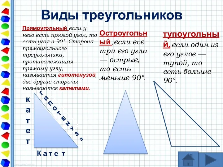 Виды треугольников Прямоугольный если у него есть прямой угол, то есть