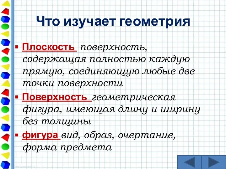 Что изучает геометрия Плоскость поверхность, содержащая полностью каждую прямую, соединяющую любые