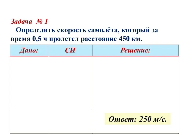 Задача № 1 Определить скорость самолёта, который за время 0,5 ч