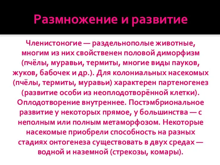 Размножение и развитие Членистоногие — раздельнополые животные, многим из них свойственен