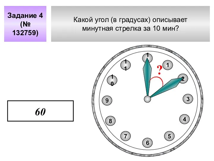 Какой угол (в градусах) описывает минутная стрелка за 10 мин? Задание