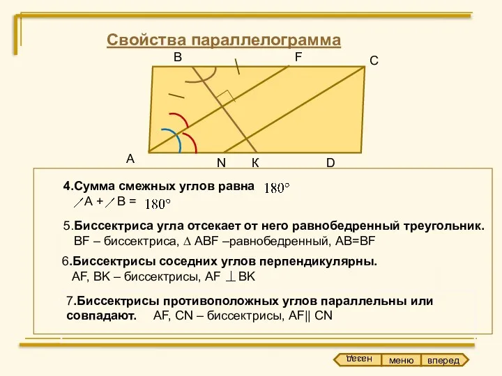 Свойства параллелограмма 4.Сумма смежных углов равна А + В = А