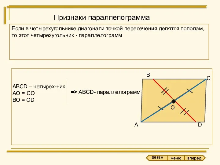 Признаки параллелограмма Если в четырехугольнике диагонали точкой пересечения делятся пополам, то