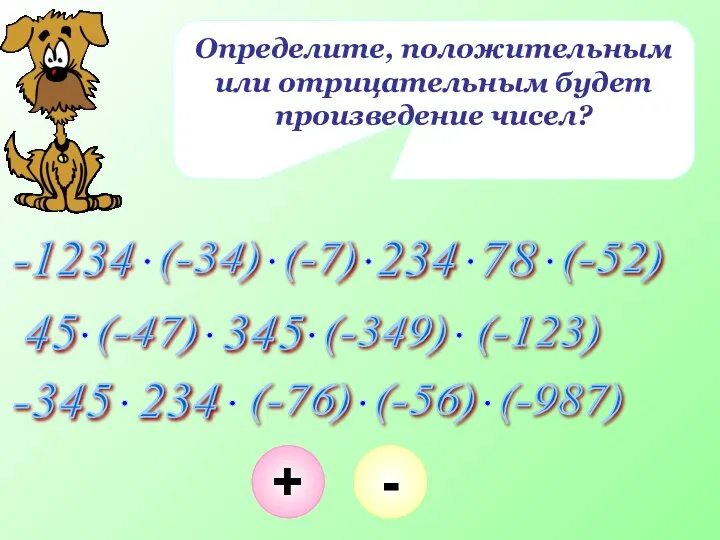 Определите, положительным или отрицательным будет произведение чисел? + - + - + -