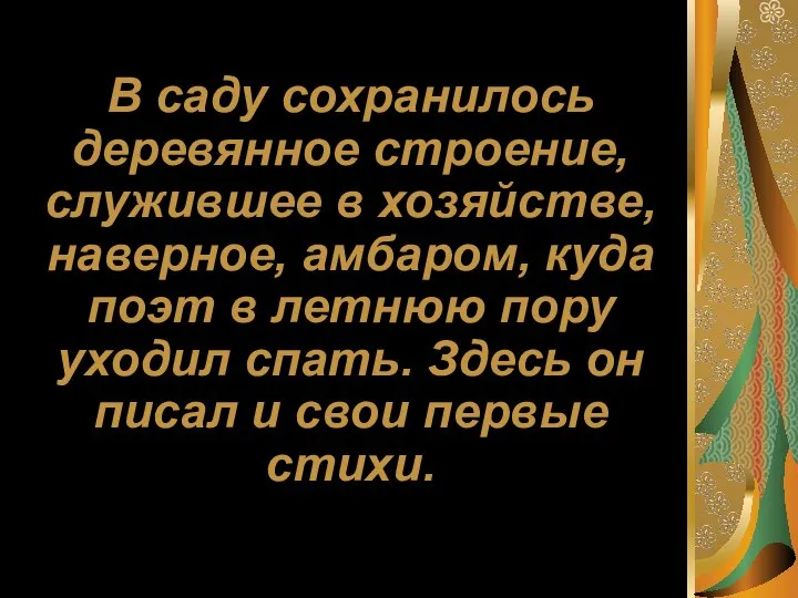 В саду сохранилось деревянное строение, служившее в хозяйстве, наверное, амбаром, куда