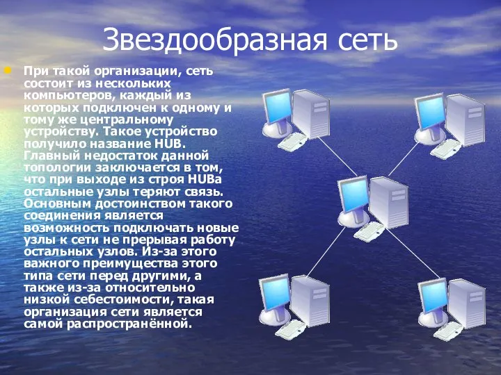 Звездообразная сеть При такой организации, сеть состоит из нескольких компьютеров, каждый